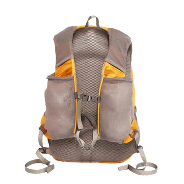 Orange and gray Aarn Hydro Light backpack with mesh back panel and front pockets.