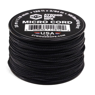 Black Atwood Rope MFG Micro Cord, 1.18mm, 125ft roll with white label details.