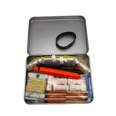 INCOG Personal Survival Kit tin with various survival supplies inside