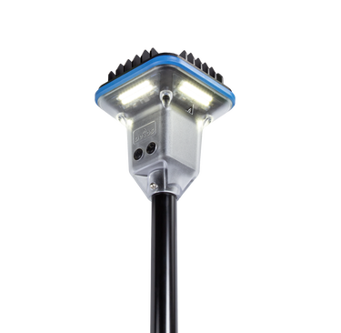 Devos LightRanger 4000 telescoping area light with bright LEDs, silver body, and blue trim.