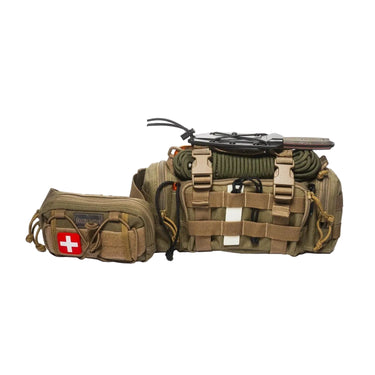 Tan Maxpedition Go-Bag survival kit with MOLLE webbing, attached first aid pouch, knife, and paracord.