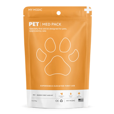 Orange My Medic Pet Med Pack first aid kit with white paw print logo.