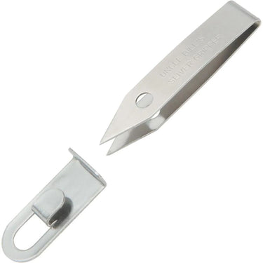 Silver stainless steel Uncle Bill's Sliver Gripper precision tweezers with a separate clip holder.