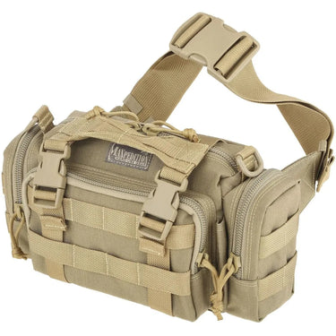 Tan Maxpedition Proteus Versipack, a rugged 1000D nylon modular field pack with PALS webbing and buckles.