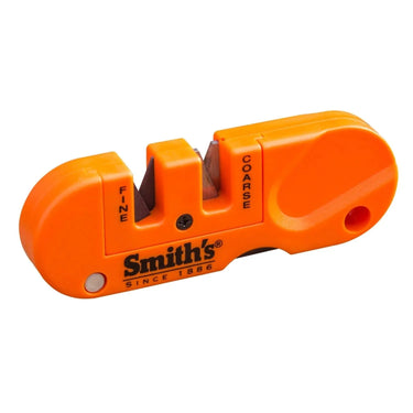Orange Smith's Pocket Pal knife sharpener with coarse and fine slots, plus a tapered diamond rod.