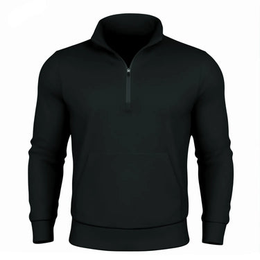 Black tactical quarter-zip pullover with a front zipper, pass-through pocket, and cuffed sleeves.