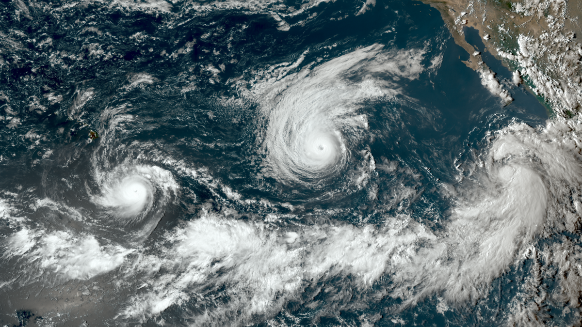 NOAA satellite view of Hurricanes Karina, Marie, and Lowell over the eastern Pacific on September 2, 2026