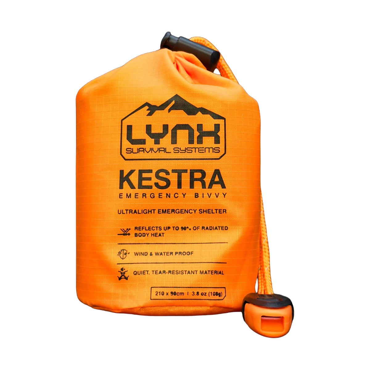 Front of the orange KESTRA Emergency Bivvy storage sack with the attached orange cord and whistle on white.