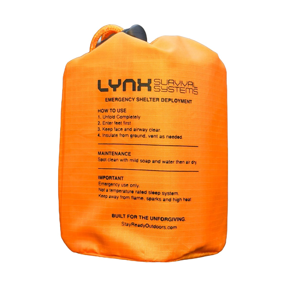 Back of the orange KESTRA storage sack showing deployment instructions, care information and warnings on white.