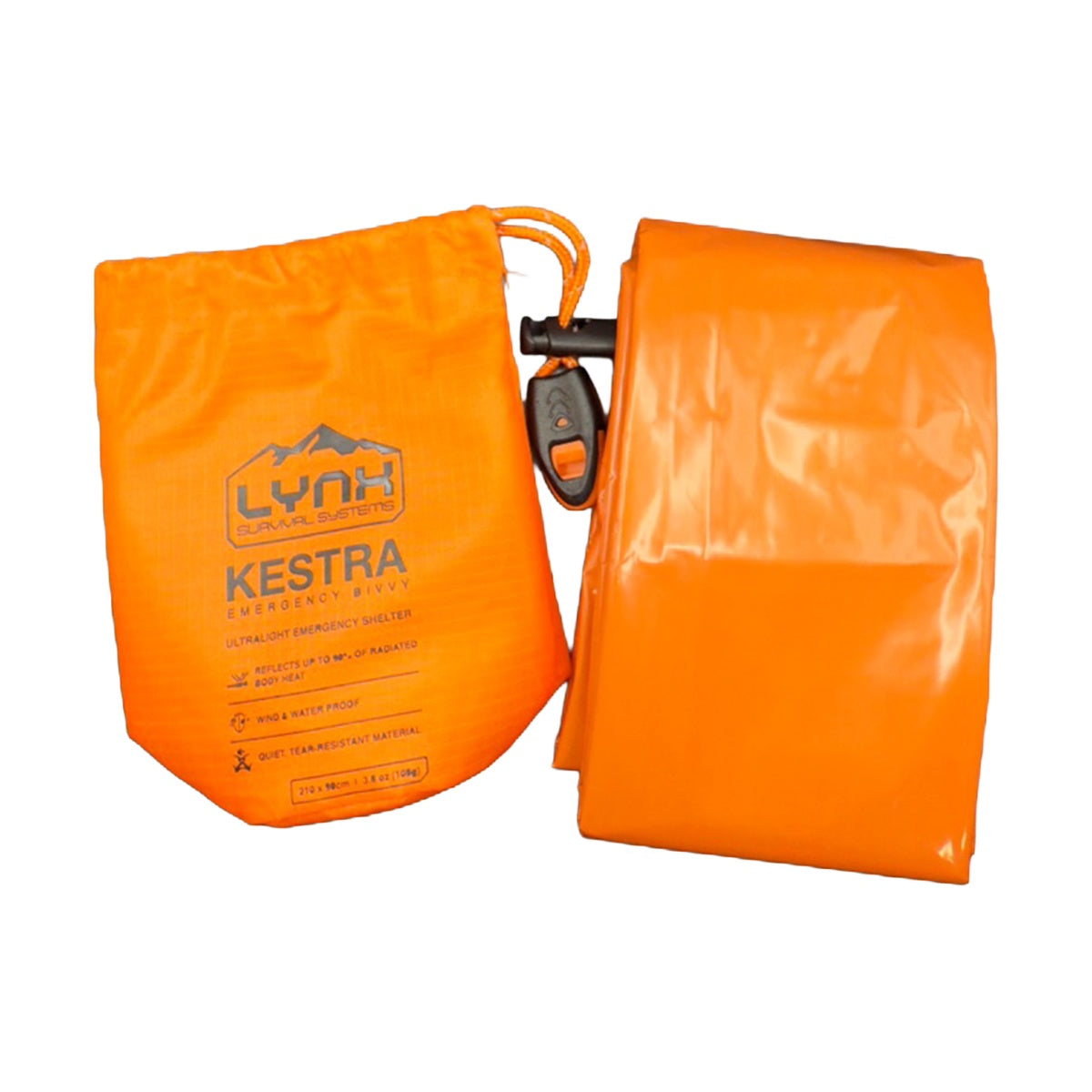 KESTRA contents laid out on white: orange storage sack, folded orange bivvy, standard drawstring cord and whistle.