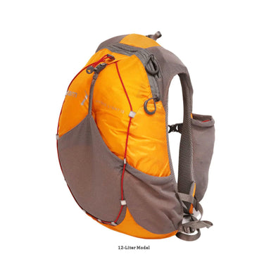 Orange and gray Aarn Hydro Light 12L ultralight hydration backpack with red bungee cords.