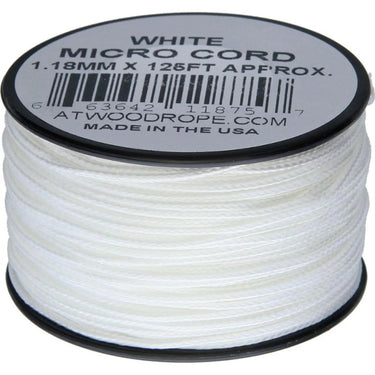 White 1.18mm Micro Cord, 125ft roll, with a black spool label showing product details.