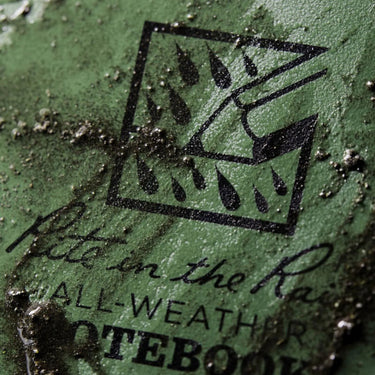 Close-up of a green Rite in the Rain all-weather notebook cover with water droplets and dirt.