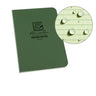 Green Rite in the Rain 3.5x5 soft cover all-weather memo book with water droplets on a lined page.