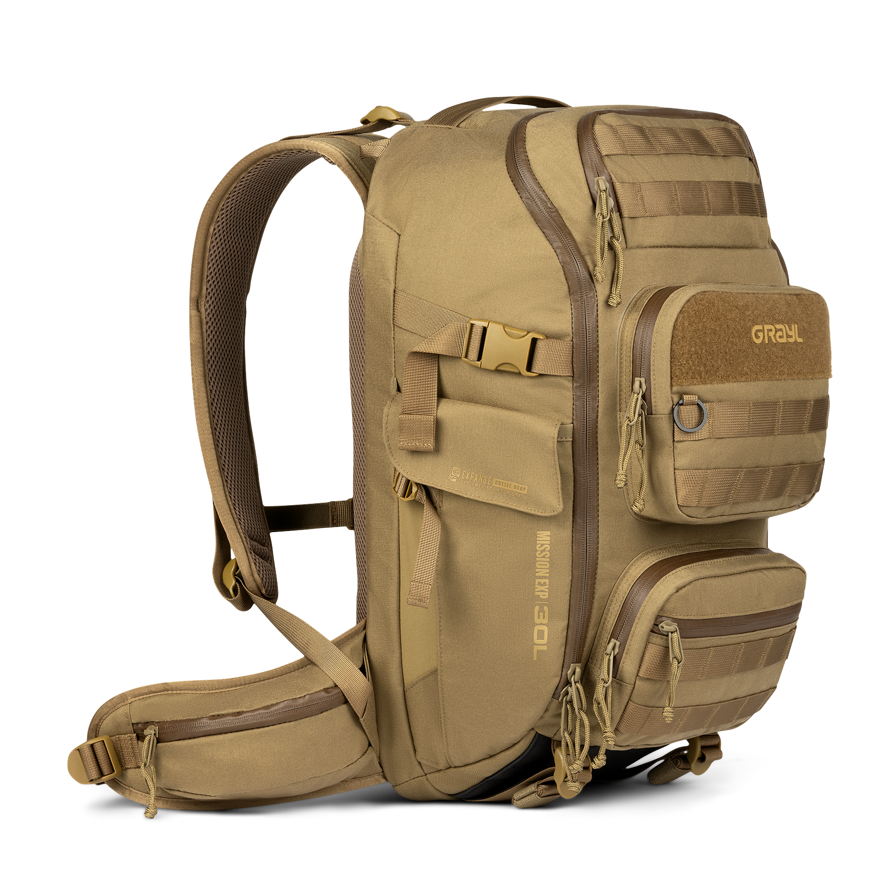 Grayl Mission EXP Backpack 30L in Coyote Brown, front view