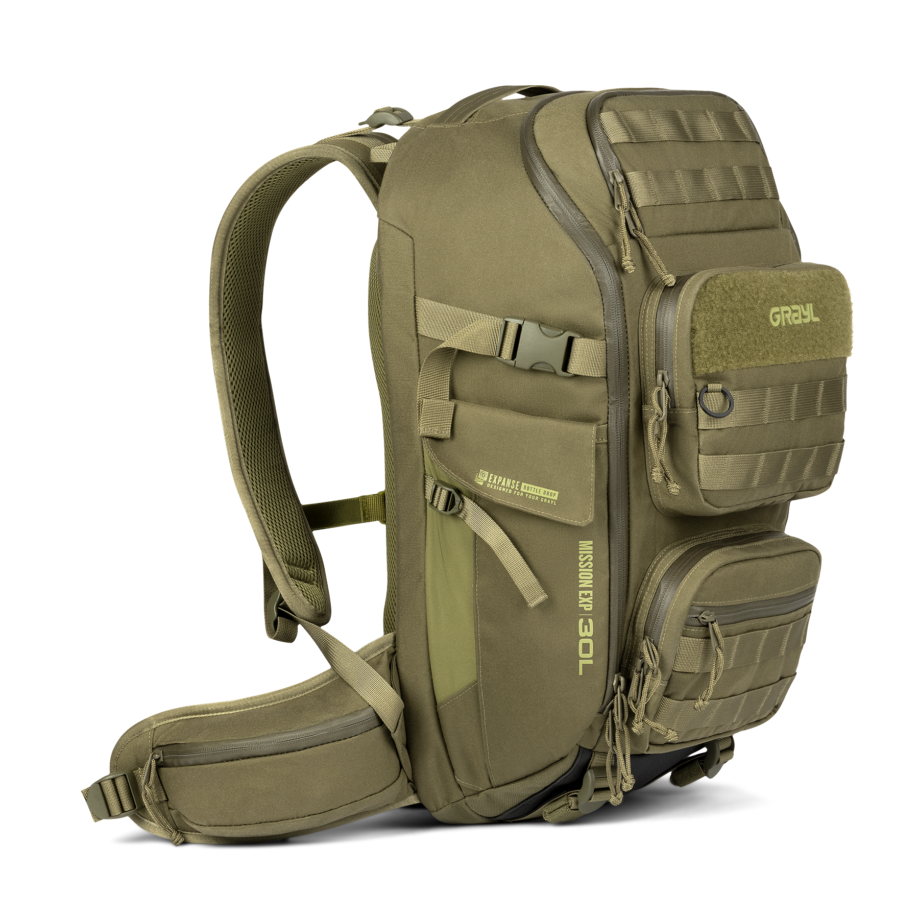 Grayl Mission EXP Backpack 30L in Olive Drab, front view