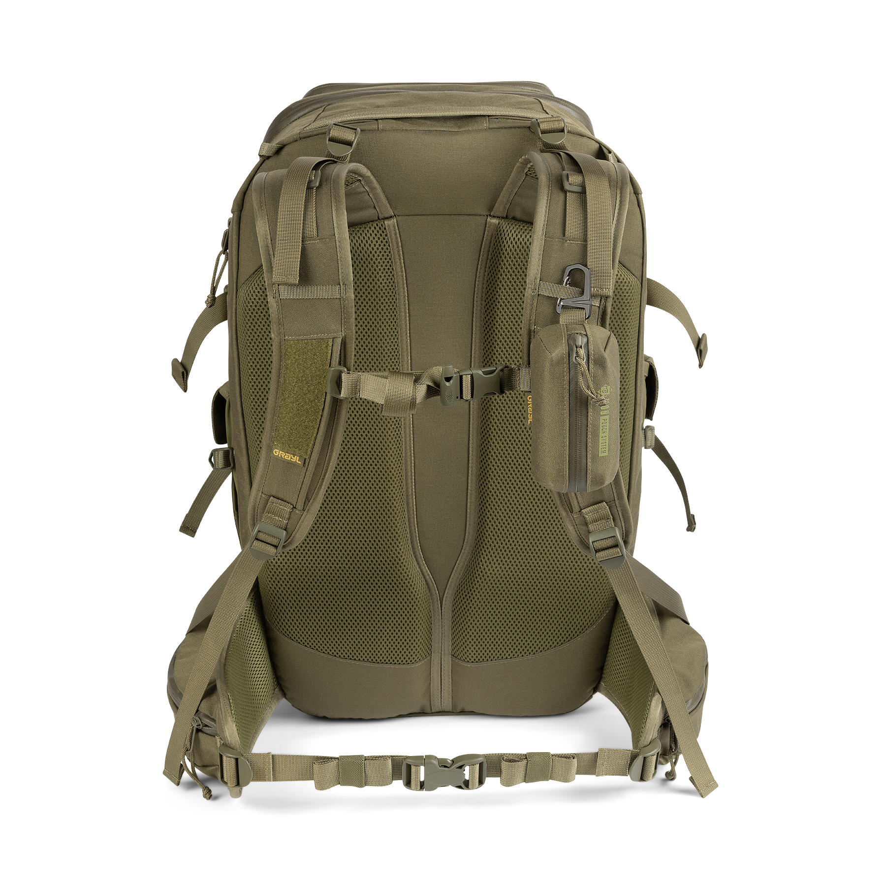 Grayl Mission EXP Backpack 30L rear view with harness and G-MOD panel