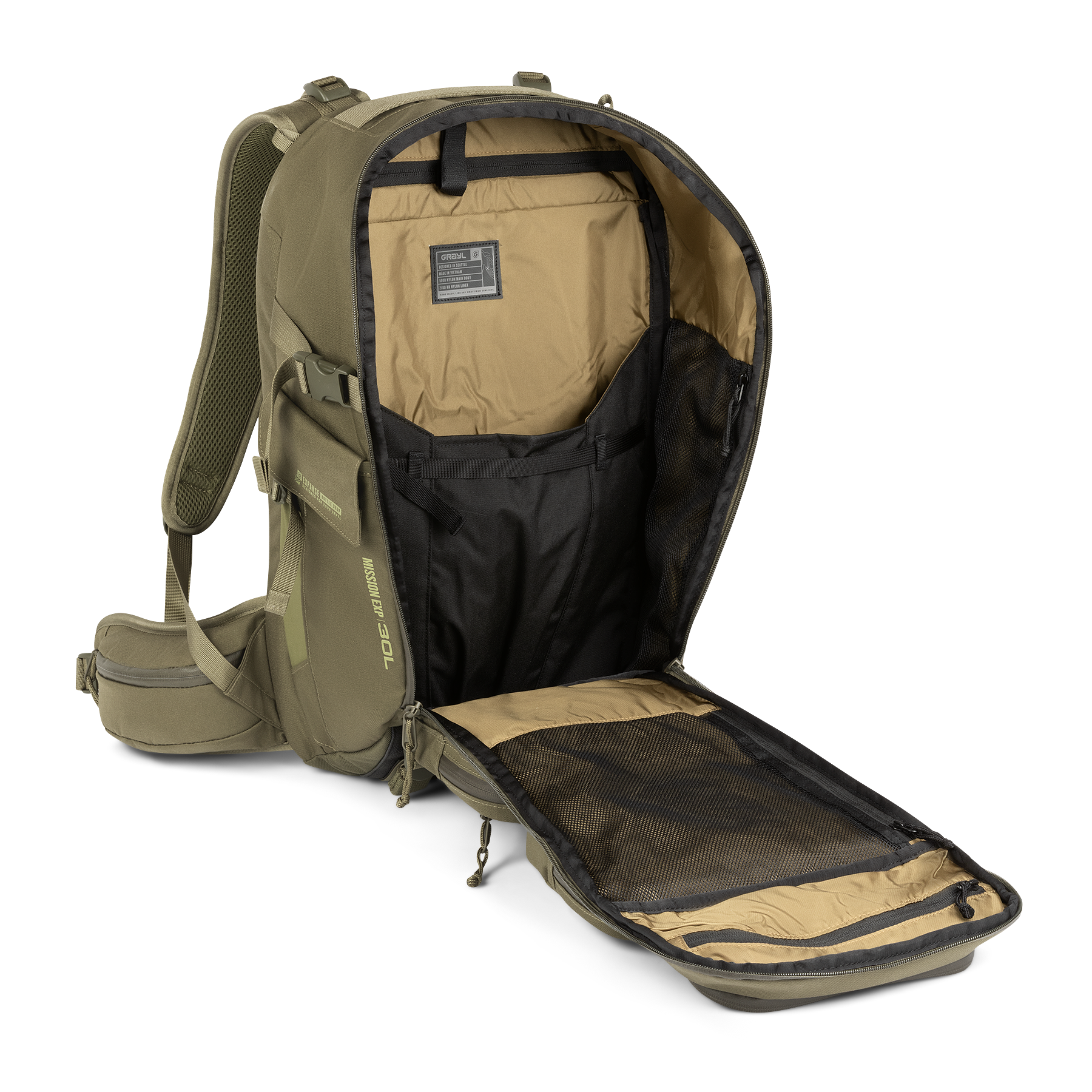 Grayl Mission EXP Backpack 30L open showing interior organization