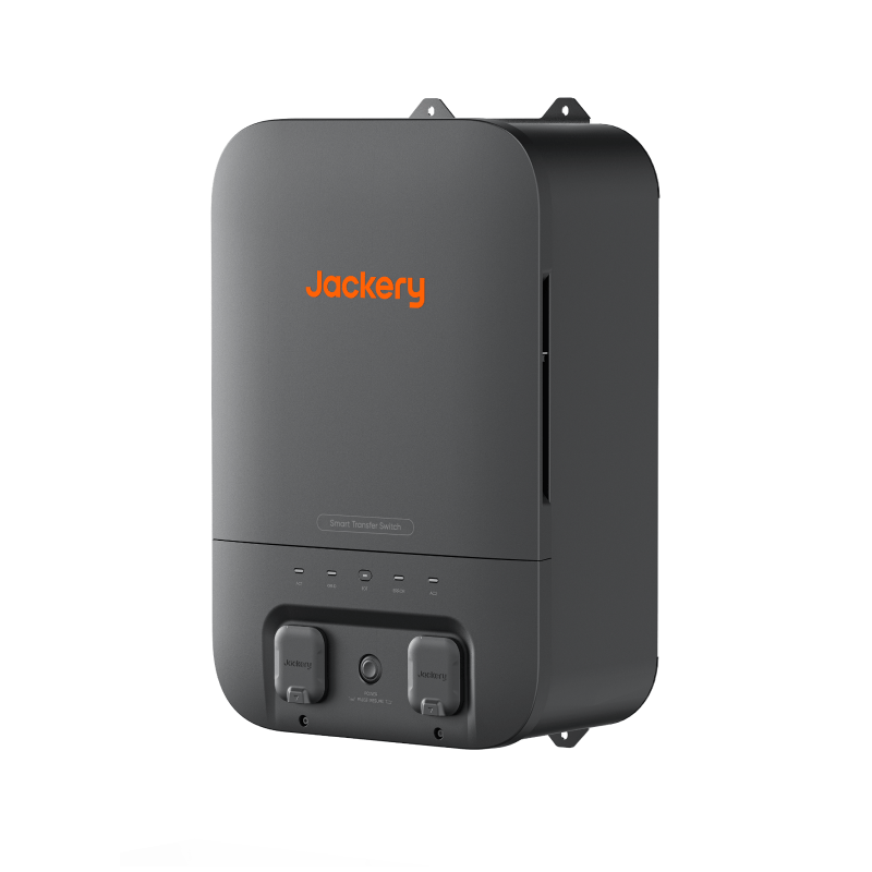 Jackery Smart Transfer Switch, a compact dark gray unit with orange logo and two power outlets.