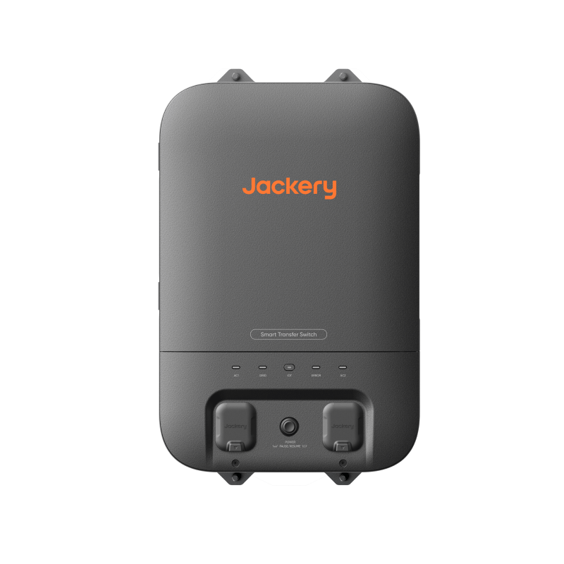 Jackery Smart Transfer Switch, a compact dark gray unit with orange Jackery logo and multiple ports.