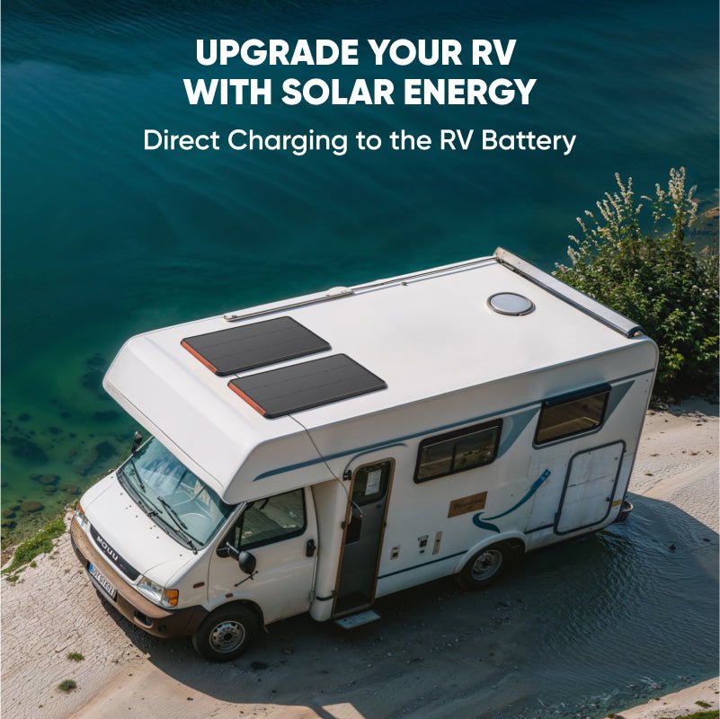 Two black Jackery SolarSaga 100 Prime solar panels with orange accents mounted on a white RV by a lake.