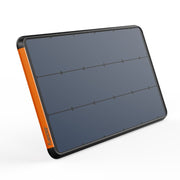 Jackery SolarSaga 100 Prime solar panel with dark blue cells, black frame, and orange side accent.