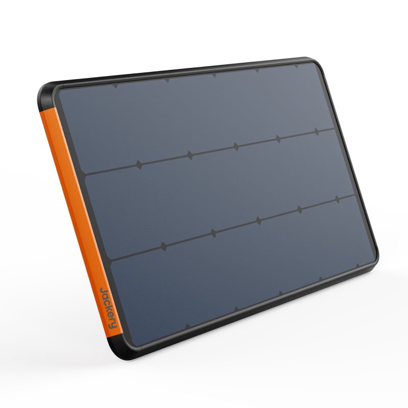 Jackery SolarSaga 100 Prime solar panel with dark blue cells, black frame, and orange side accent.