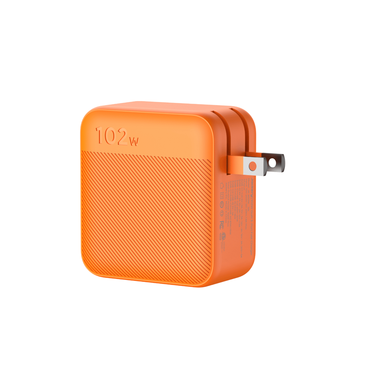Orange Jackery 102W GaN 3-Port Fast Charger with textured design and foldable US plug.