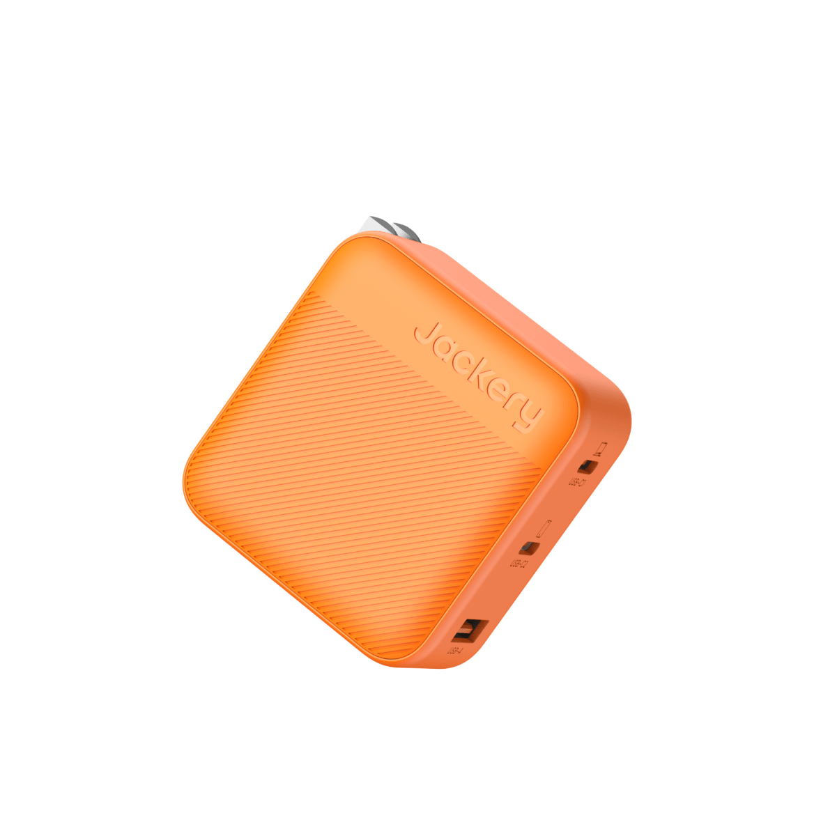 Orange Jackery 102W GaN 3-Port Fast Charger with two USB-C and one USB-A port.