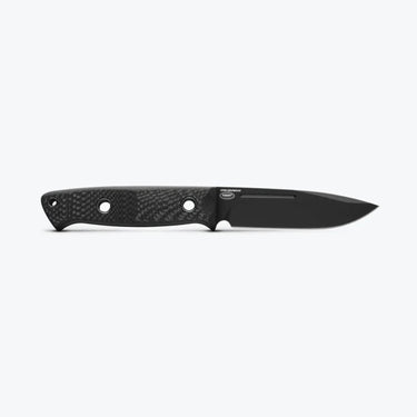 Black carbon fiber Bushcrafter knife with a drop-point blade and Cerakote finish.
