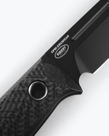 Black carbon fiber fixed blade knife with CPM-CruWear steel and Sibert Design logo.
