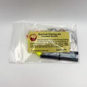 Survival Fishing Kit Compact Version in a clear resealable plastic bag with a yellow label, photographed on a plain light background.