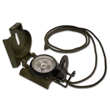 Olive green liquid-filled lensatic compass with sighting wire and lanyard, open on a white background.