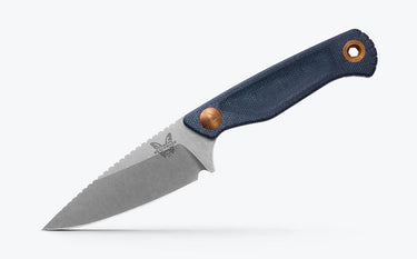 Benchmade Dacian fixed blade knife with stonewash MagnaCut spear-point blade and blue denim Micarta handle.