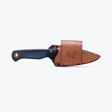 Benchmade Dacian fixed blade knife with blue denim Micarta handle in a brown leather sheath.