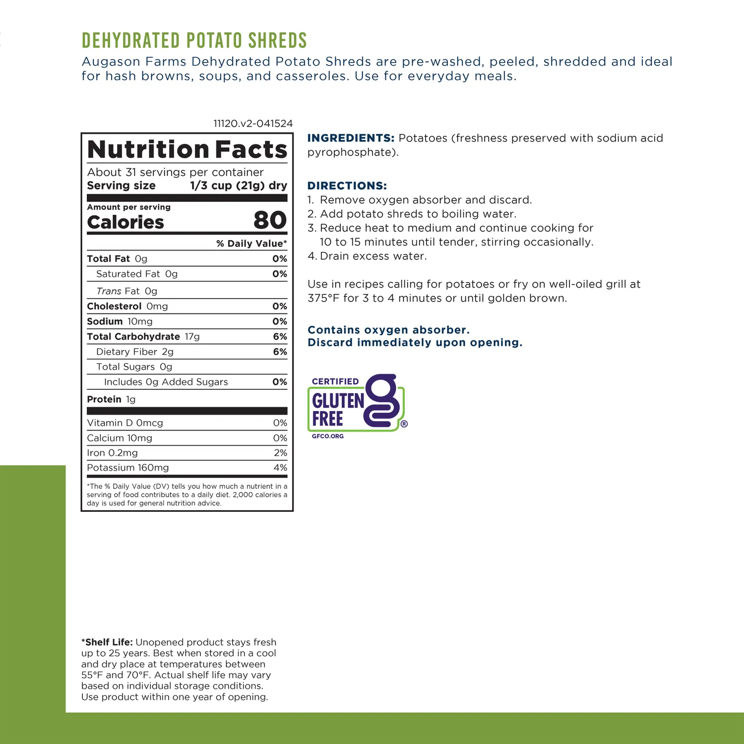 Dehydrated Potato Shreds Can – 31 Servings