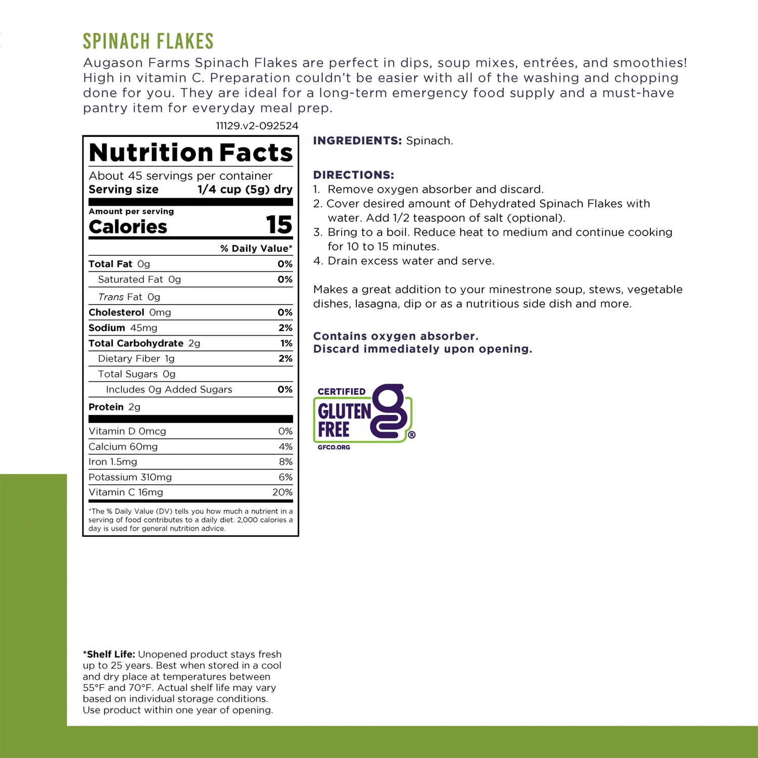 Dehydrated Spinach Flakes Can, 45 Servings
