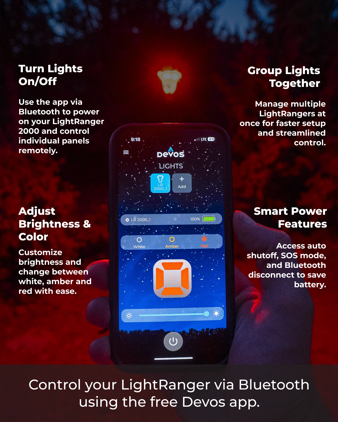 Hand holding a smartphone displaying the Devos app with controls for white, amber, and red light modes.