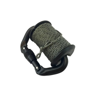 Black Delrin cord reel with green paracord and matte black screw-lock carabiner.