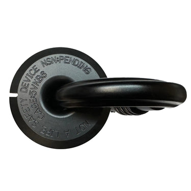 Black Delrin cord reel with a matte black screw-locking carabiner, showing text "NOT A LIFE SAFETY DEVICE".