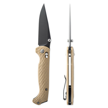 Coyote tan G10 folding knife with a black drop point blade and crossbar lock, shown open and closed.