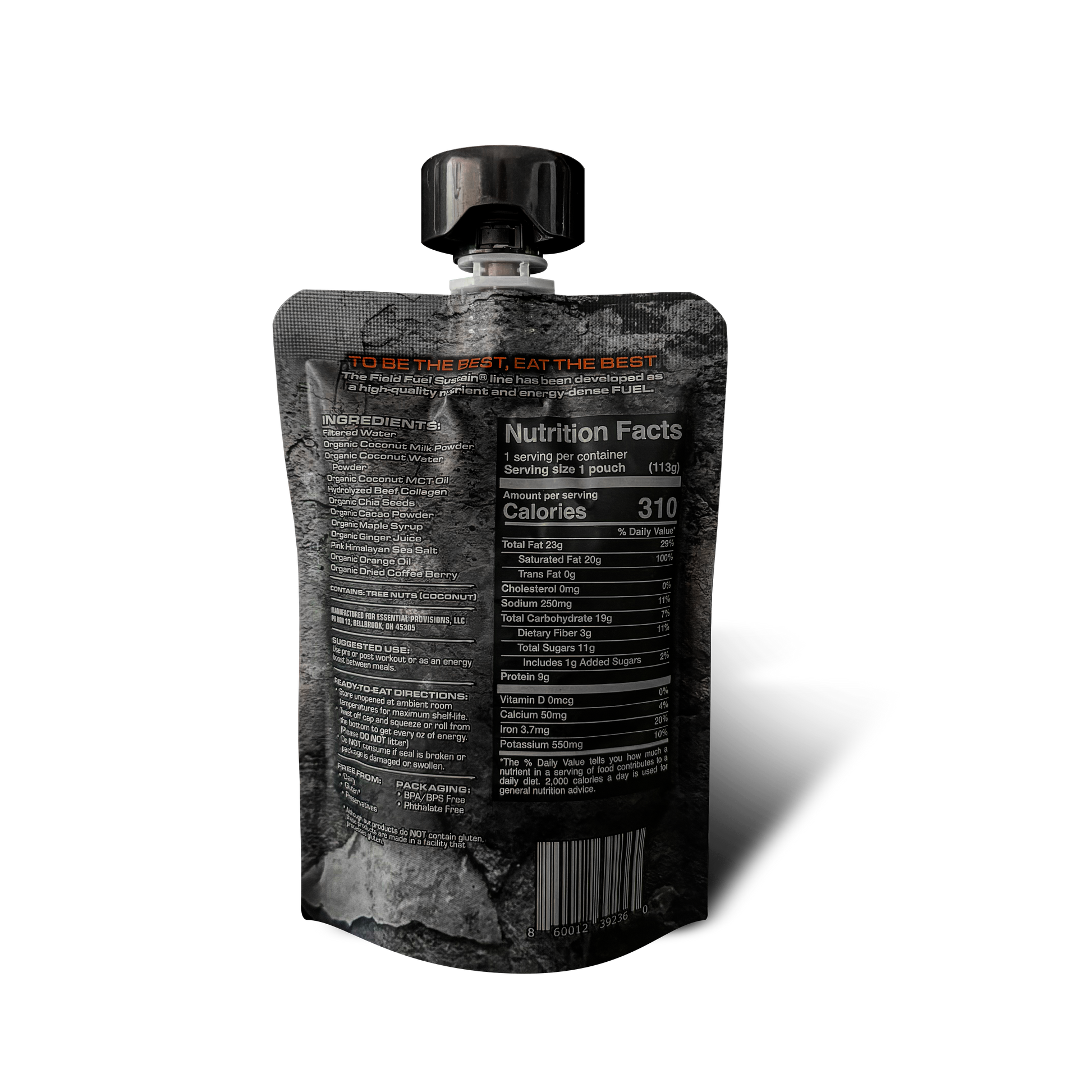 A black squeeze pouch with a black cap, shown from the back on a white background. The pouch features a dark, textured graphic design with a prominent 'Nutrition Facts' panel