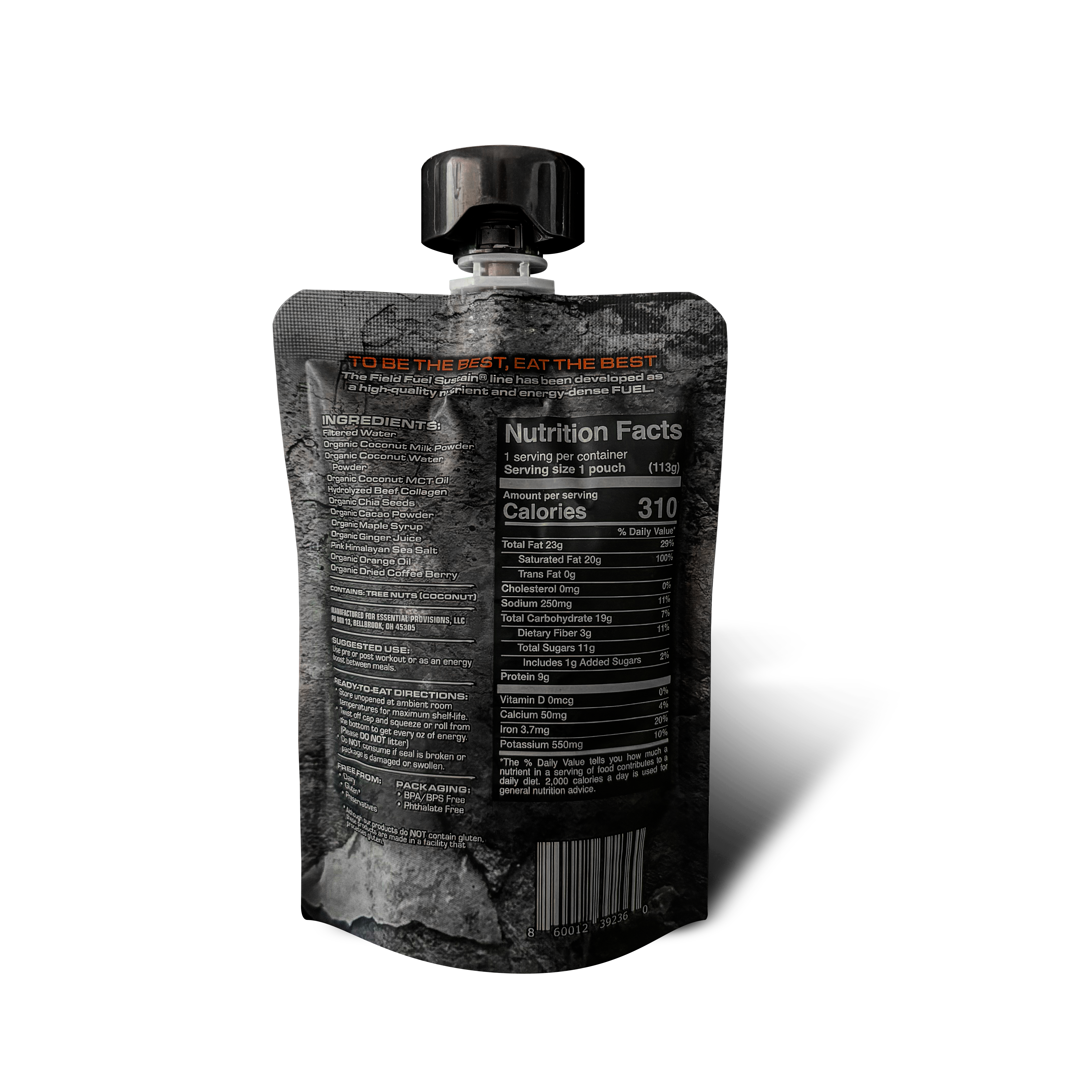 A black squeeze pouch with a black cap, shown from the back on a white background. The pouch features a dark, textured graphic design with a prominent 'Nutrition Facts' panel