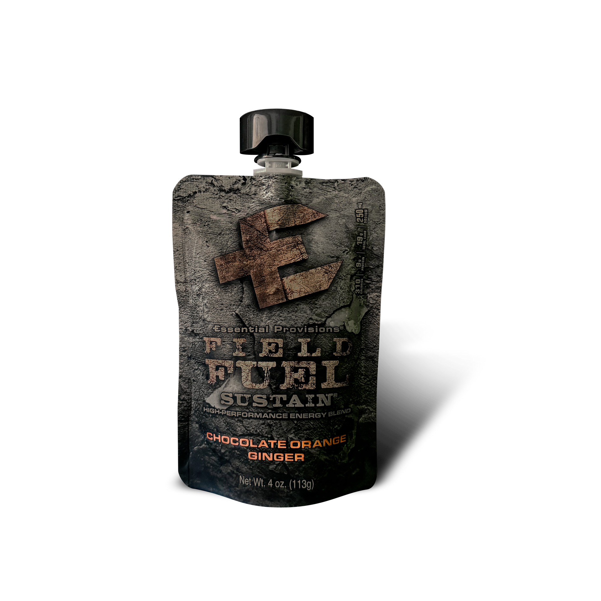 A single stand-up pouch of Field Fuel Sustain chocolate orange ginger flavor drink mix, shown on a plain white background with a soft shadow.