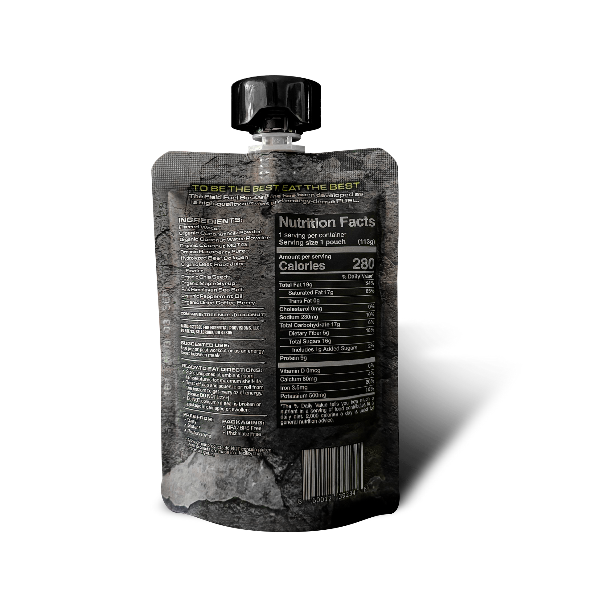 A flexible stand-up pouch with a black flip-top cap, shown from the back on a clean white background. The pouch has a dark gray and black textured design with a prominent Nutrition Facts label and a barcode near the bottom.