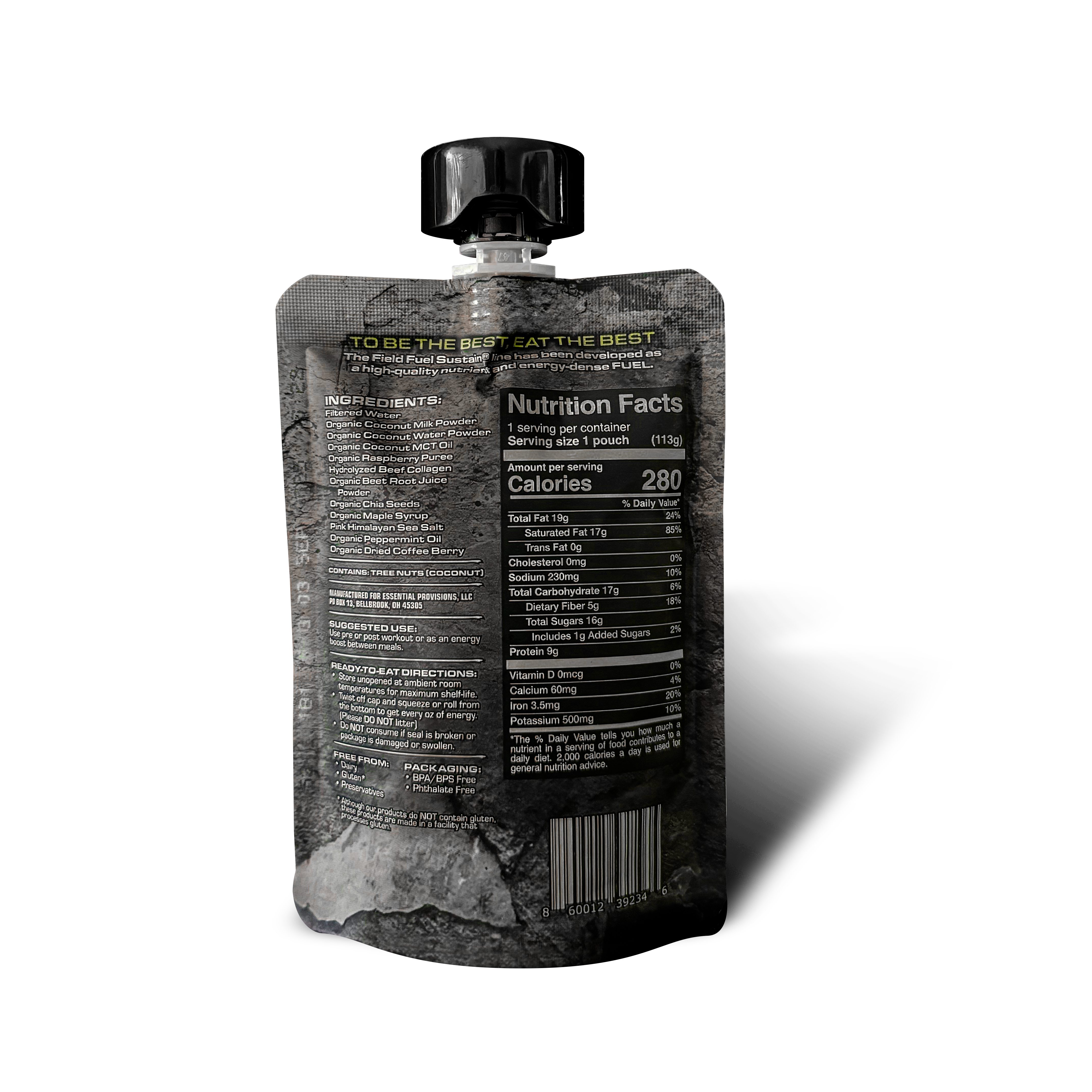 A flexible stand-up pouch with a black flip-top cap, shown from the back on a clean white background. The pouch has a dark gray and black textured design with a prominent Nutrition Facts label and a barcode near the bottom.