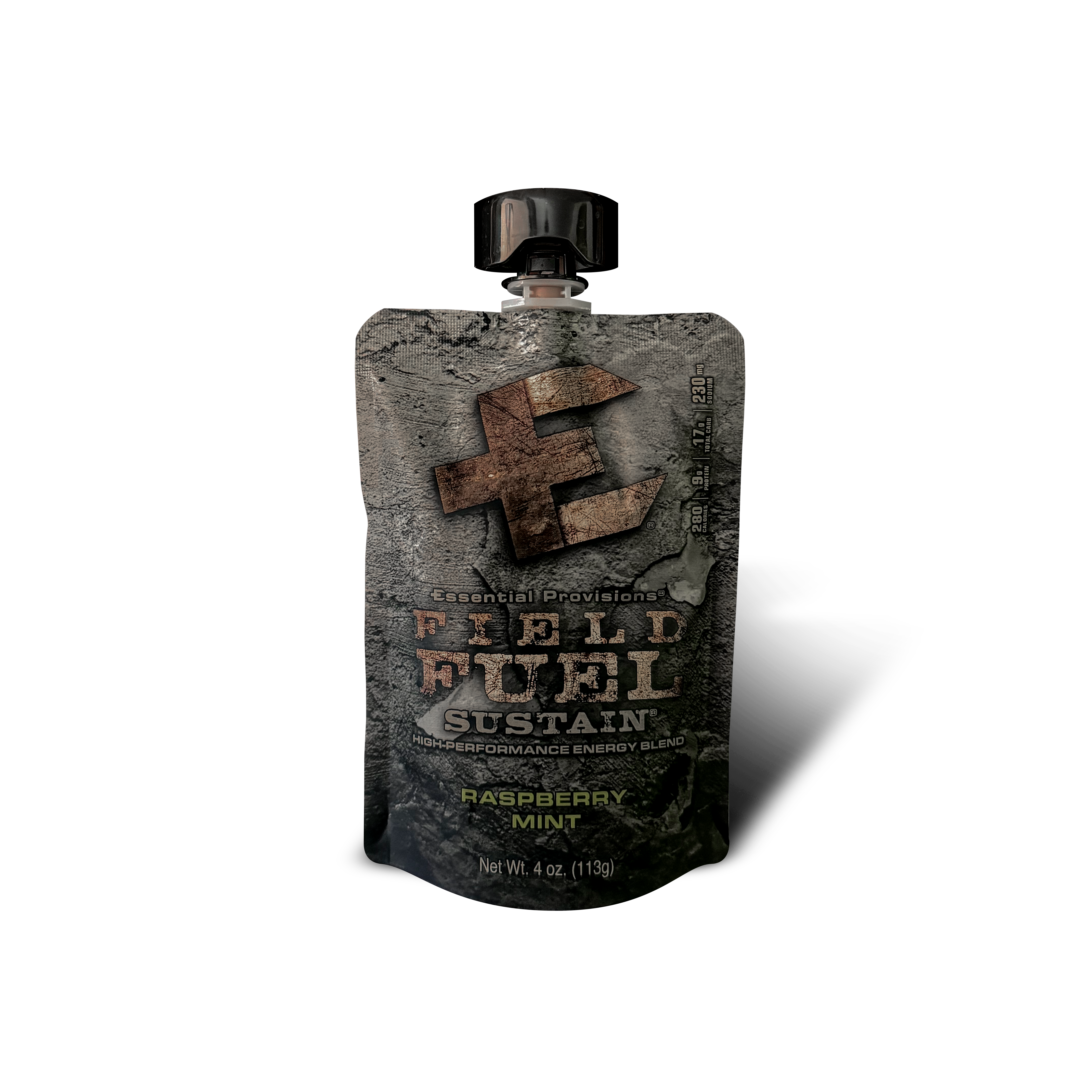 A Field Fuel Sustain sustain pouch in Raspberry Mint flavor, featuring a dark textured design with a metallic cross logo and a black cap, isolated on a white background with a soft shadow.