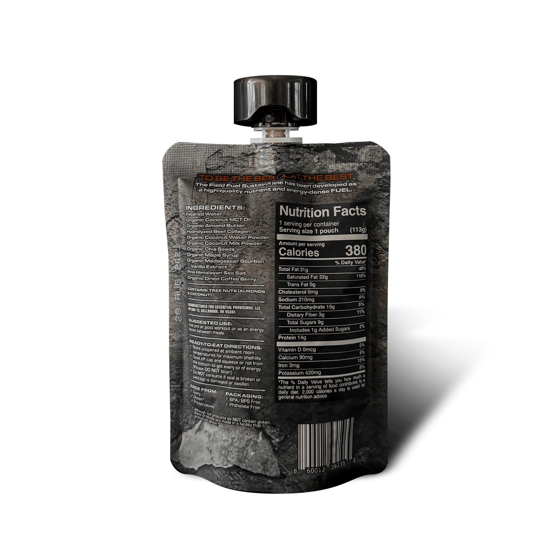 A single squeeze pouch shown from the back on a black background, with a black cap and a dark gray label featuring white text including 'Nutrition Facts' and 'Calories 380'.
