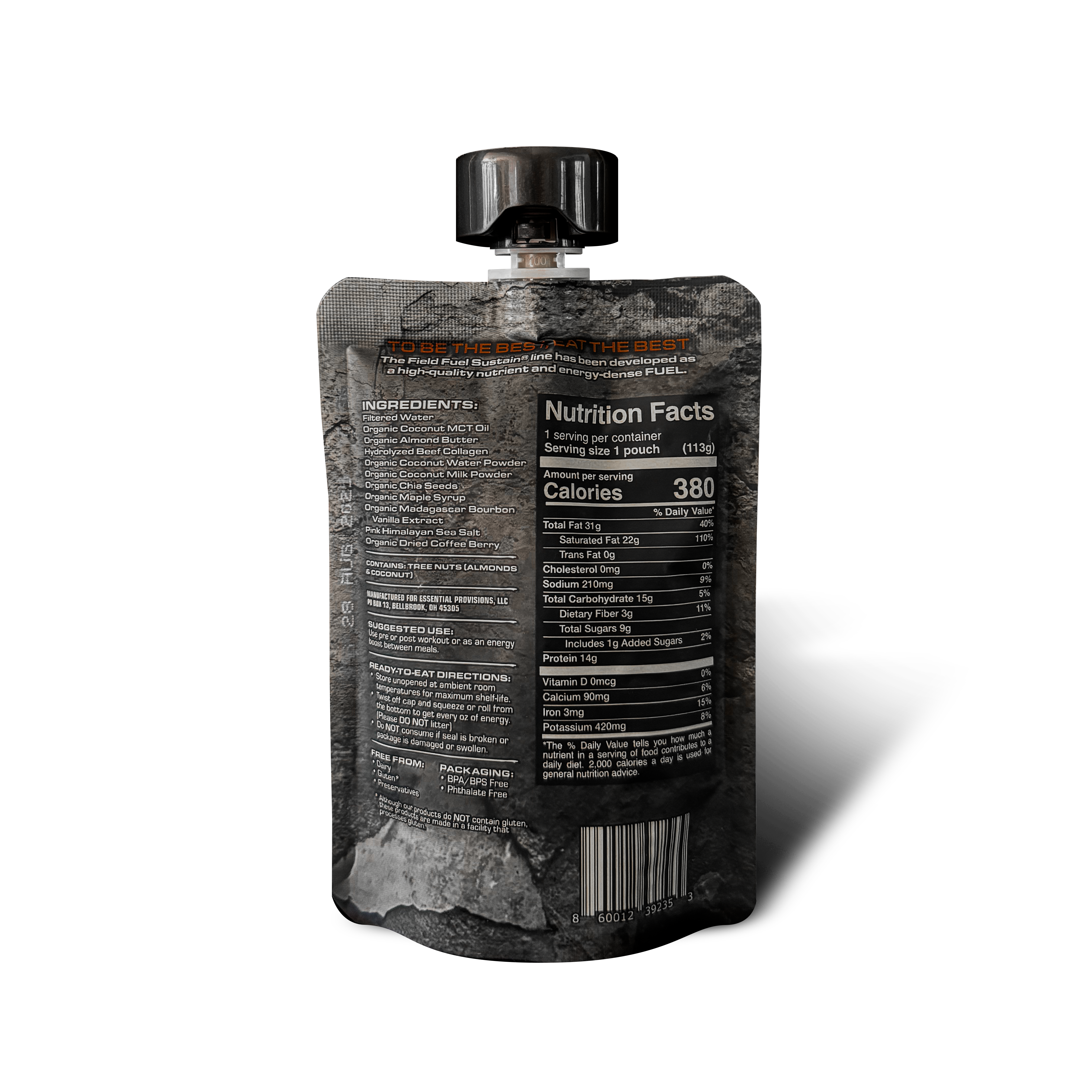 A single squeeze pouch shown from the back on a black background, with a black cap and a dark gray label featuring white text including 'Nutrition Facts' and 'Calories 380'.