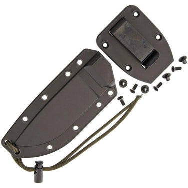 ESEE-4 fixed blade knife's black Kydex sheath, belt clip, and mounting hardware with olive drab paracord.
